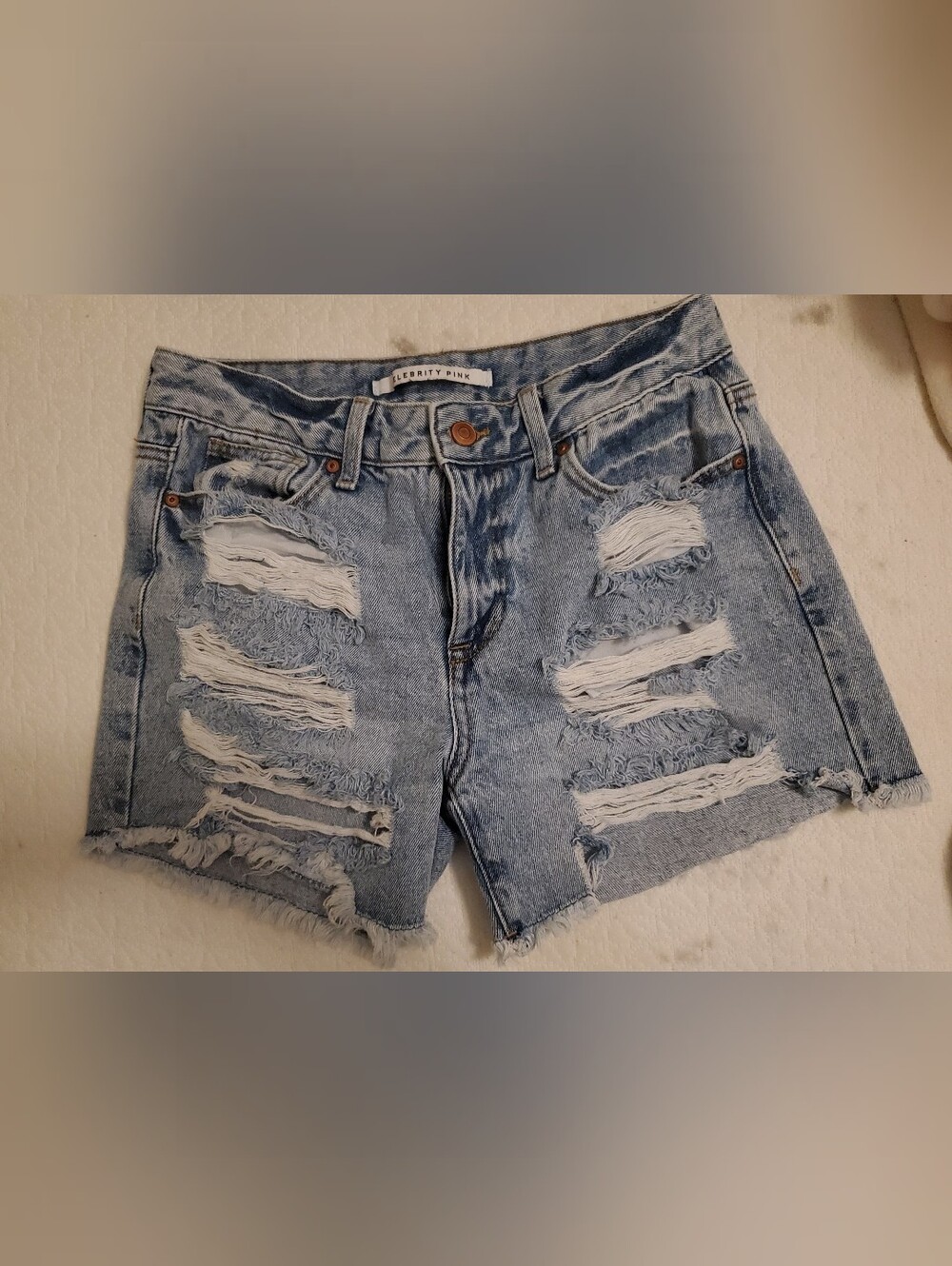 Celebrity Pink Light Blue Distressed High-Rise Denim Shorts - Picture 2 of 5
